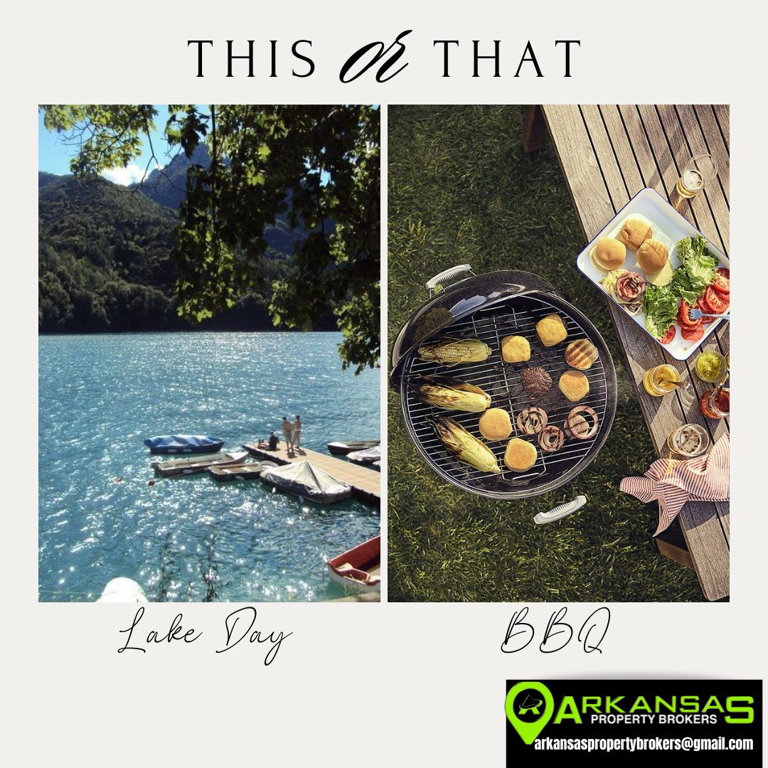 ArkPropBrokers's tweet photo. This or That Thursday: Memorial Day Weekend Edition! 🌊🍔

As we honor and remember those who have served, how do you prefer to celebrate? A relaxing Lake Day 🛶 or a flavor-filled BBQ 🔥?

Wishing everyone a Happy Memorial Day! #apb #thisorthatthursday #memorialdayweekend https://t.co/wkEaDe6eXX