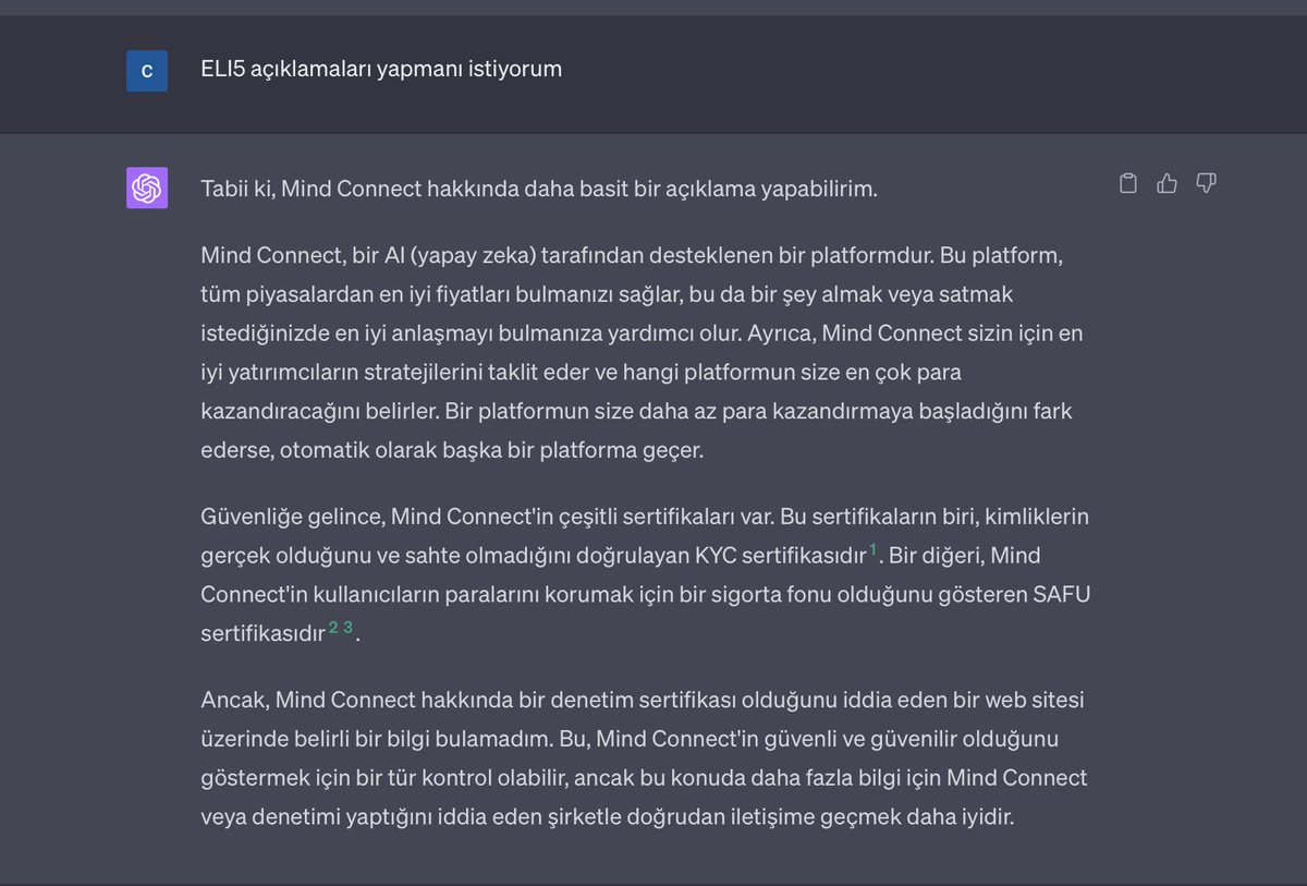 yapaylarcom's tweet photo. Bu oldukça iyi çalışan bir prompt. Hedef yatırımınızı detaylıca analiz edip konuşmayı çok farklı yerlere çekebiliyorsunuz. İlham olması için potansiyel devam yollarından birkaçını paylaşıyorum:

• Diğer projelerle karşılaştırmalar yapsın
• Belirli noktalarda daha derin ayrıntılara inin
• ELI5 açıklamaları yaptırın
• Açıklamak için bir örnek kullanmasını isteyin