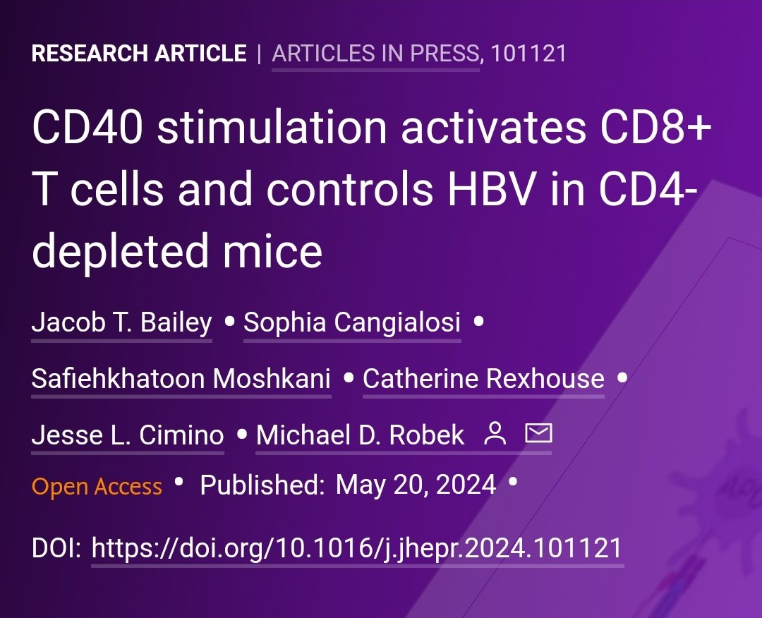 🟪NEW Article in press❕ CD40 stimulation activates CD8+ T cells and controls #HBV in CD4-depleted mice 🔓#OpenAccess at👉jhep-reports.eu/article/S2589-… #LiverTwitter
