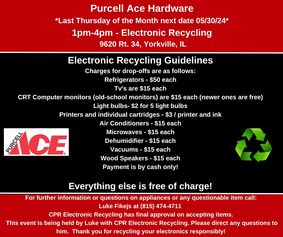 Aceyorkosw's tweet photo. Electronic recycling is available one week from today (05/30/24) from 1pm-4pm at the Yorkville Ace Hardware. This event is being held by Luke with CPR Electronic Recycling. Please direct any questions to Luke Fikejs at (815) 474‐4711. See guidelines below. #PurcellAce... https://t.co/dezyrVPZOw