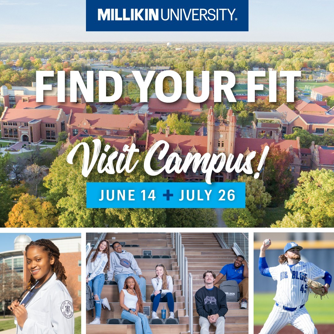 Experience Millikin by attending a Campus Visit Day! - Tour campus to see where you'll live and learn - Explore our top-ranked majors and programs - Find your fit with athletics, performing arts and 75+ clubs and organizations Register and learn more: millikin.edu/visit