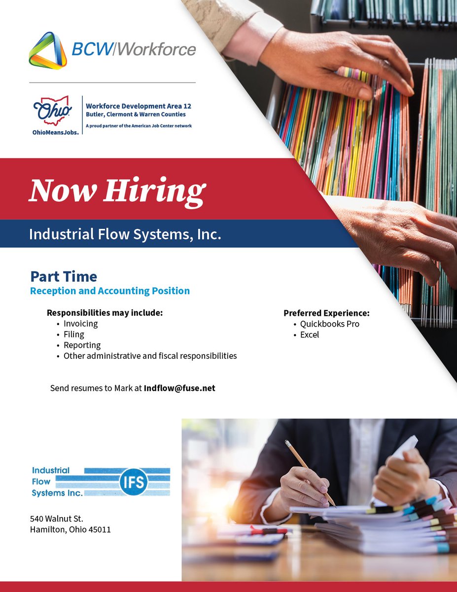 Industrial Flow Systems, Inc. is now hiring a part-time Reception and Accounting Position! If you are interested, please send your resume to Mark at Indflow@fuse.net! #OhioMeansJobs #NowHiring #JobOpportunity #GrowYourCareer