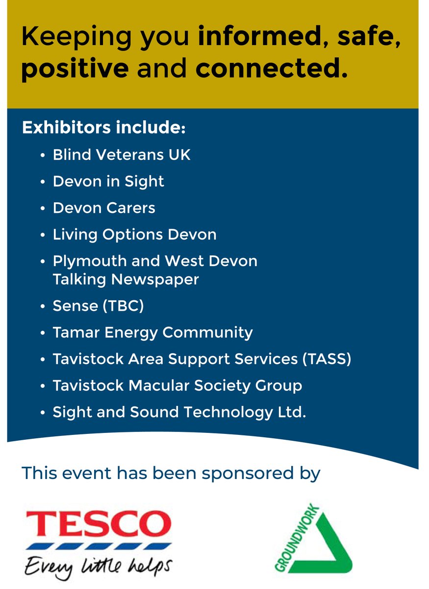 DevonInSight's tweet image. Our West Devon Living Well with Sight Loss Event will be taking place on Thursday 30 May 2024 between 10am and 2pm at The Anchorage Centre, Chapel Street, Tavistock, PL19 8AG.
These events are open to anyone affected by sight loss.
For more Info bit.ly/3wJDy7R