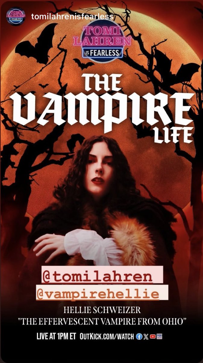 vampirehellie's tweet photo. Make sure you’re watching @TomiLahren on @TLisFearless because we’re about to talk vampires, politics, and all sorts of fun stuffs 🧛🏻‍♀️ https://t.co/2jAqZnhQOA