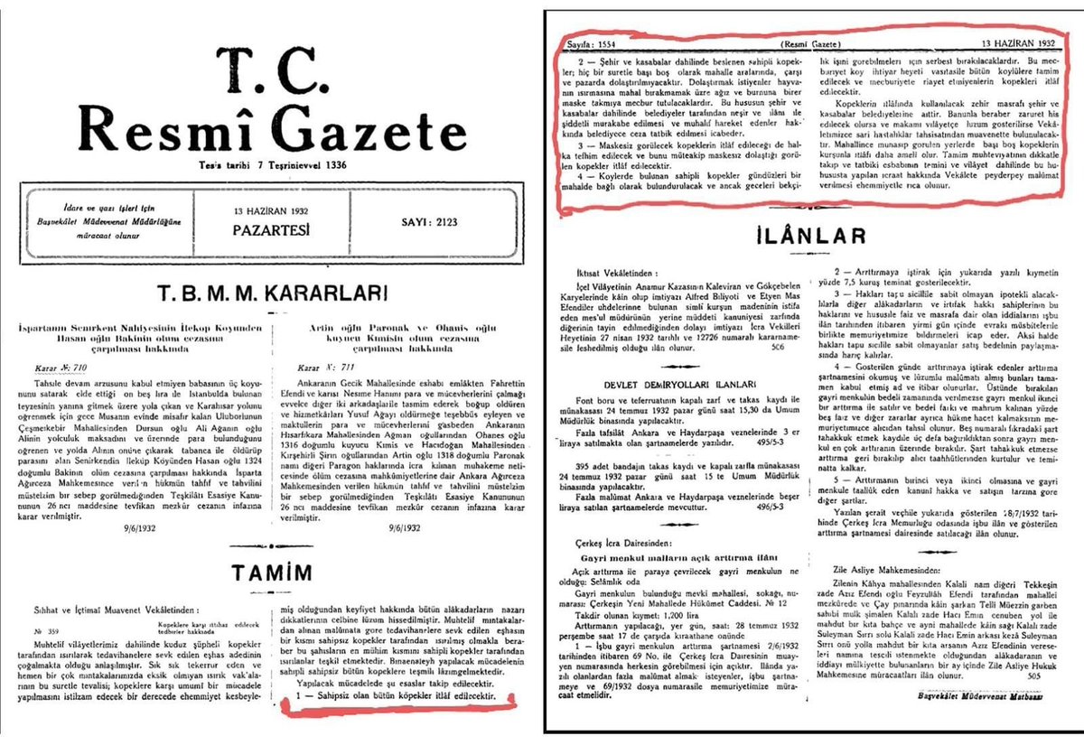 13 Haziran 1932'de Resmi Gazete'de çıkan başıboş köpek sorunu için Atatürk'ün aldığı önlemler: ▪ Sahipsiz olan bütün köpekler itlaf edilecektir. ▪ Maskesiz dolaştığı görülen köpekler itlaf edilecektir. Sokak Köpekleri Toplatılsın