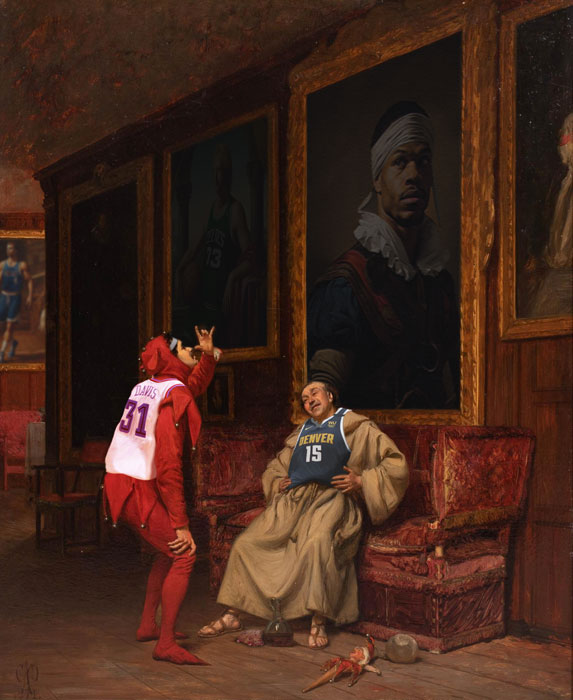 [Double Double]
'Le Clown et le Rebond' 
d'après 'The Court Jester' de Claude Calthrop
----- 
Qui se souvient de cette histoire ?
-----
DM for print
#basketballart #digitalcollage #NBAbasketball #tripledouble