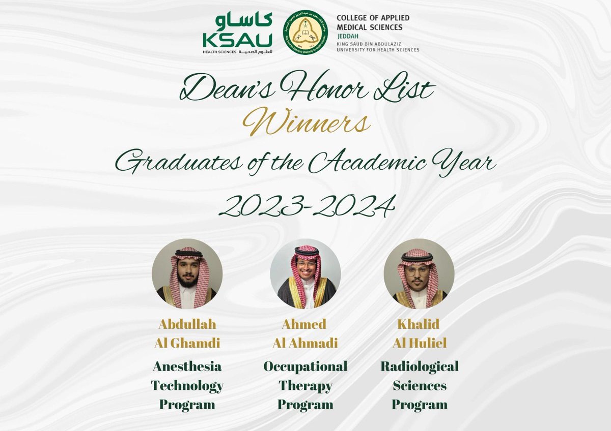CAMS_Jeddah's tweet photo. تبارك أسرة كلية العلوم الطبية التطبيقية لخريجيها المنضمين إلى قائمة العميد الشرفية للعام 2024م.

تمنياتنا الخالصة لهم بالتوفيق والسداد.

#كاساو
#قائمة_العميد https://t.co/dnFvxaLztJ