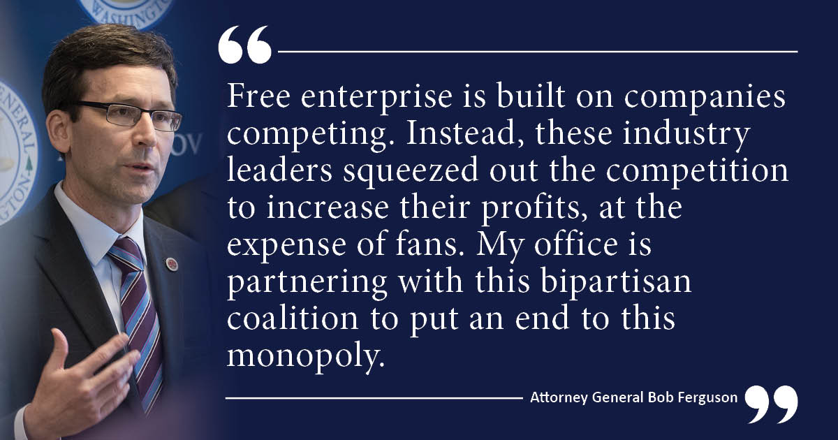 It's time to end the 'Ticketmaster tax.' We're partnering with @TheJusticeDepartment and 29 other attorneys general to seek the breakup of Ticketmaster and Live Nation's illegal monopoly. More here: atg.wa.gov/news/news-rele…
