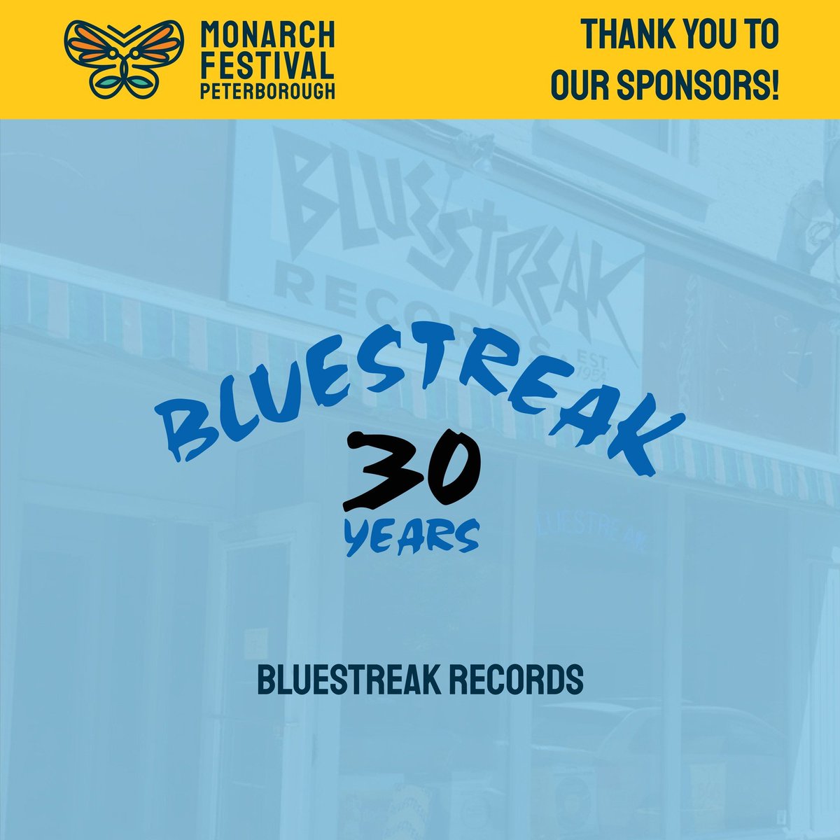 Thanks very much to Bluestreak Records for sponsoring our Monarch Festival!

Bluestreak Records is a downtown Peterborough institution and such a cool place to check out. If you're into music (or looking for gift ideas) definitely give them a look. Thank you for your support!