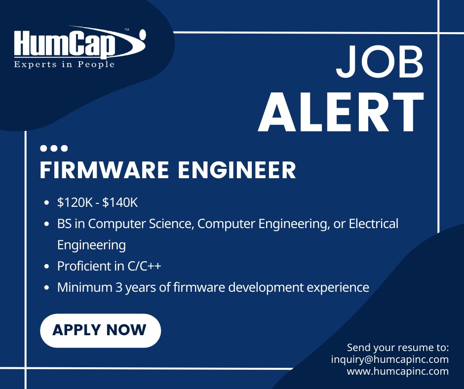 HumCapLP's tweet image. 🗣️#HiringNow: Firmware Engineer🗣️
Do you love coding and learning? Do you have strong communication skills? This is the job for you! Click now to learn more and apply: hubs.la/Q02ws5Tb0
#FirmwareEngineer #EngineeringJobs #TechJobs