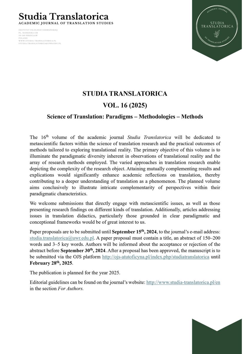 STranslatorica's tweet photo. We would like to invite you to submit your paper proposal to the 16th volume of the journal "Studia Translatorica"! Please find further information in the attached call for papers. https://t.co/6KBQK64kQ4