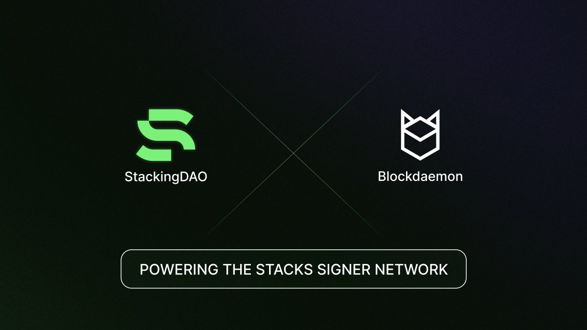 StackingDao's tweet photo. The #1 infra solution for staking @BlockdaemonHQ is joining Stacking DAO Signer network.

They have partnered with the biggest companies in Web3 and Web2 such as @GoldmanSachs and @circle.

Now they will help contribute to securing the @Stacks network. https://t.co/ZqnizWqn10