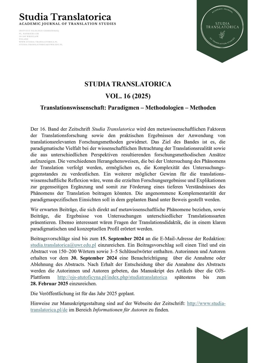 STranslatorica's tweet photo. We would like to invite you to submit your paper proposal to the 16th volume of the journal "Studia Translatorica"! Please find further information in the attached call for papers. https://t.co/6KBQK64kQ4