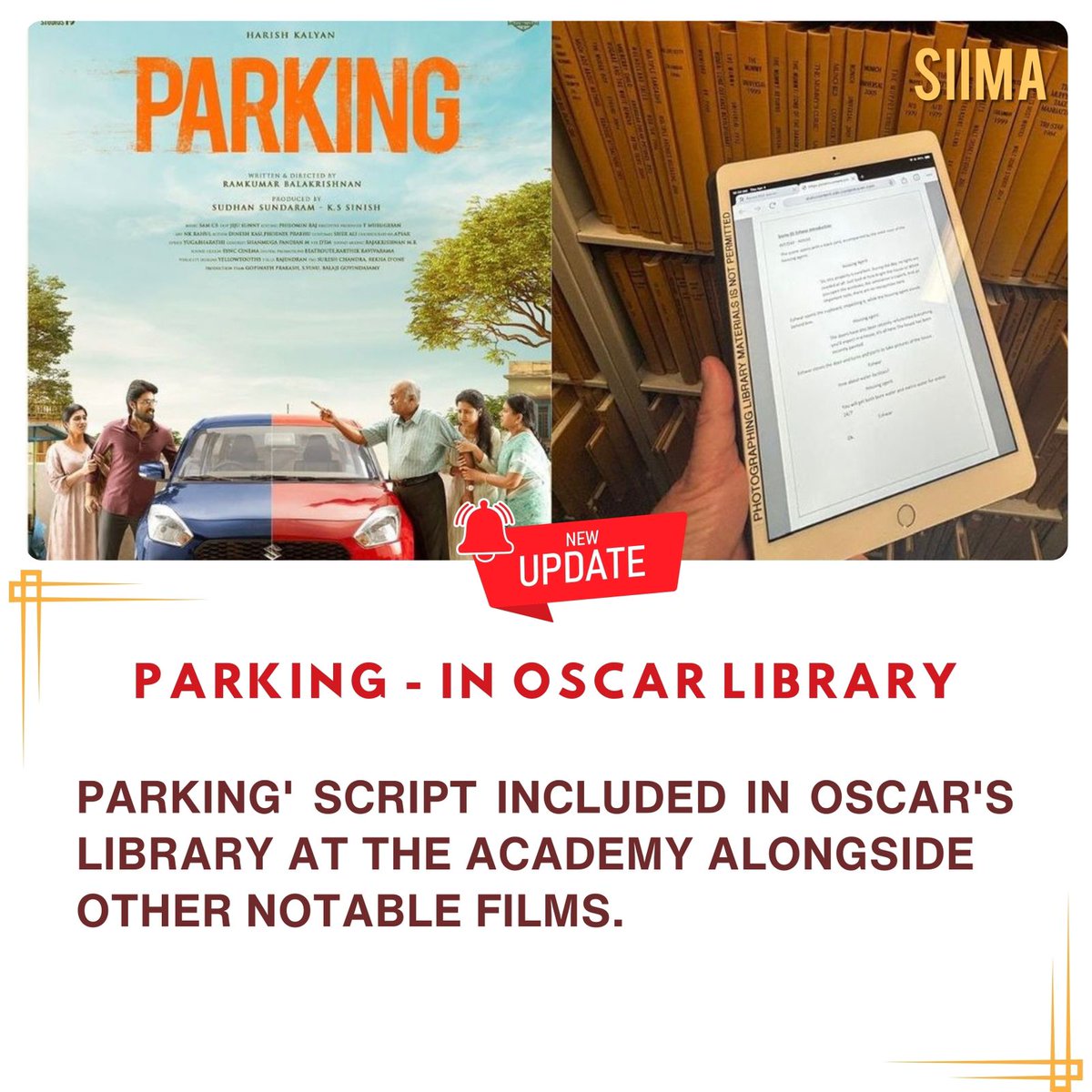 siima's tweet photo. Honored and thrilled! 'PARKING' script is now part of the Oscar's Library at the Academy alongside other notable films. 🎬✨
@iamharishkalyan
@Actress_Indhuja @ImRamkumar_B
@sinish_s @SamCSmusic @devarajulu29 @jsp2086 @philoedit
#ParkingMovie #parkingfilm #OscarLibrary #Filmmaking #PARKING #SIIMA