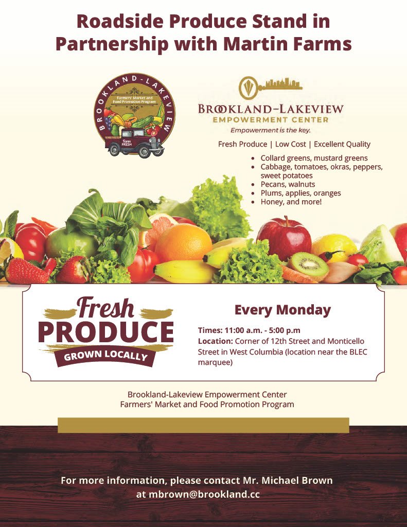 🥬 @BrooklandCenter is partnering with Martin Farms to provide a produce stand at the corner of 12th Street and Monticello Street every Monday from 11 AM to 5 PM! 🍅 Come out and grab fresh produce at a low cost and excellent quality! #WeCoSC #HeadWest #WeCommunity