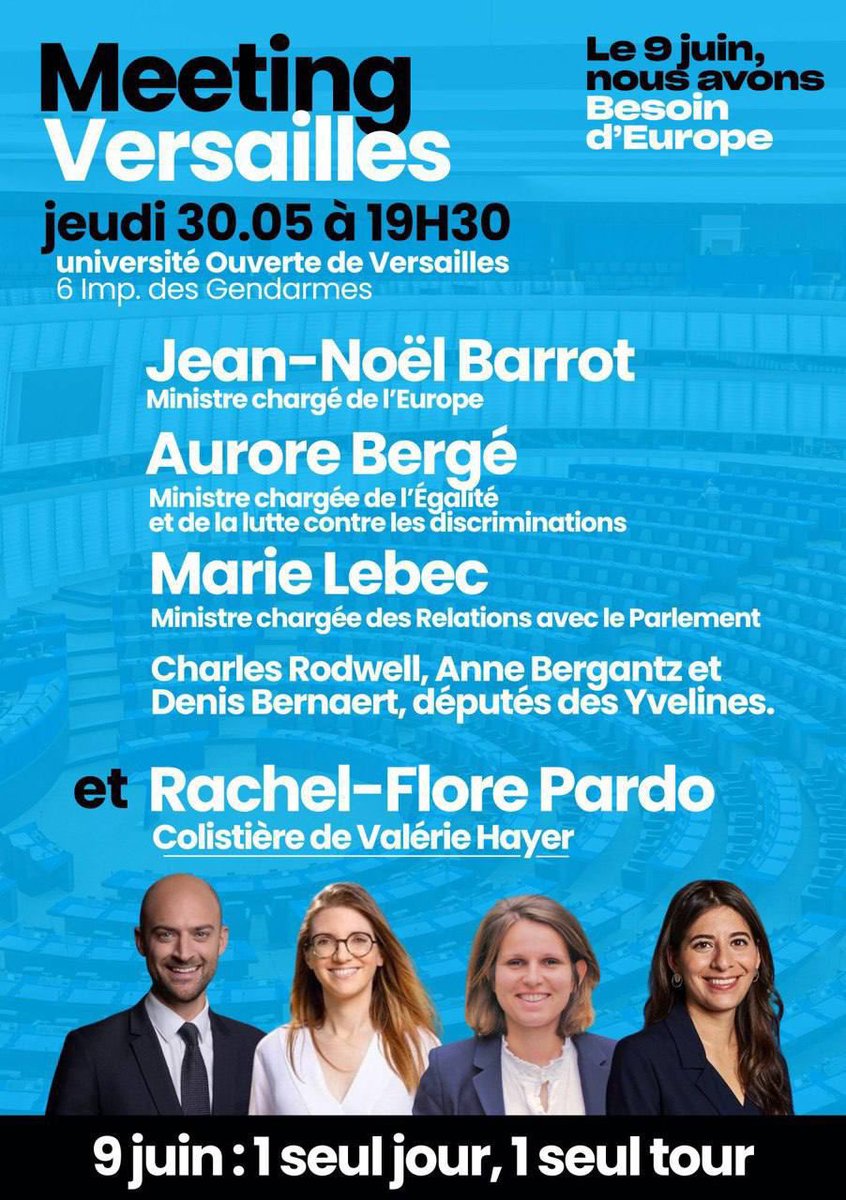 🇪🇺 J-7 ! Rendez-vous à #Versailles le 30 mai avec Rachel-Flore Pardo, avocate et activiste féministe, colistière #BesoindEurope !

💬 avec Jean-Noël Barrot, Marie Lebec, Aurore Bergé et nos députés des Yvelines 🇫🇷

L’Europe, c’est nous.