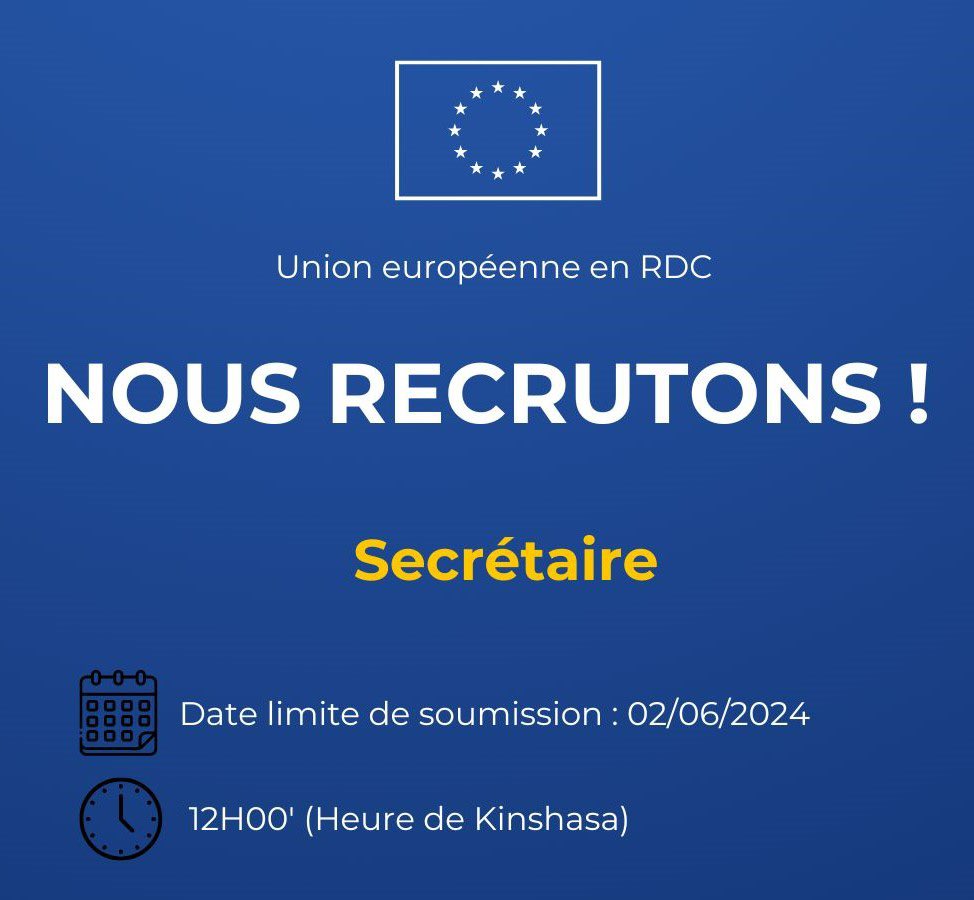 📣 La Délégation de l’Union européenne 🇪🇺 en #RDC est à la recherche d’un.e Secrétaire pour sa section Politique, Presse et Info. Les détails de l’offre ainsi que les modalités de candidature sont accessibles via ce lien urlz.fr/qN5T