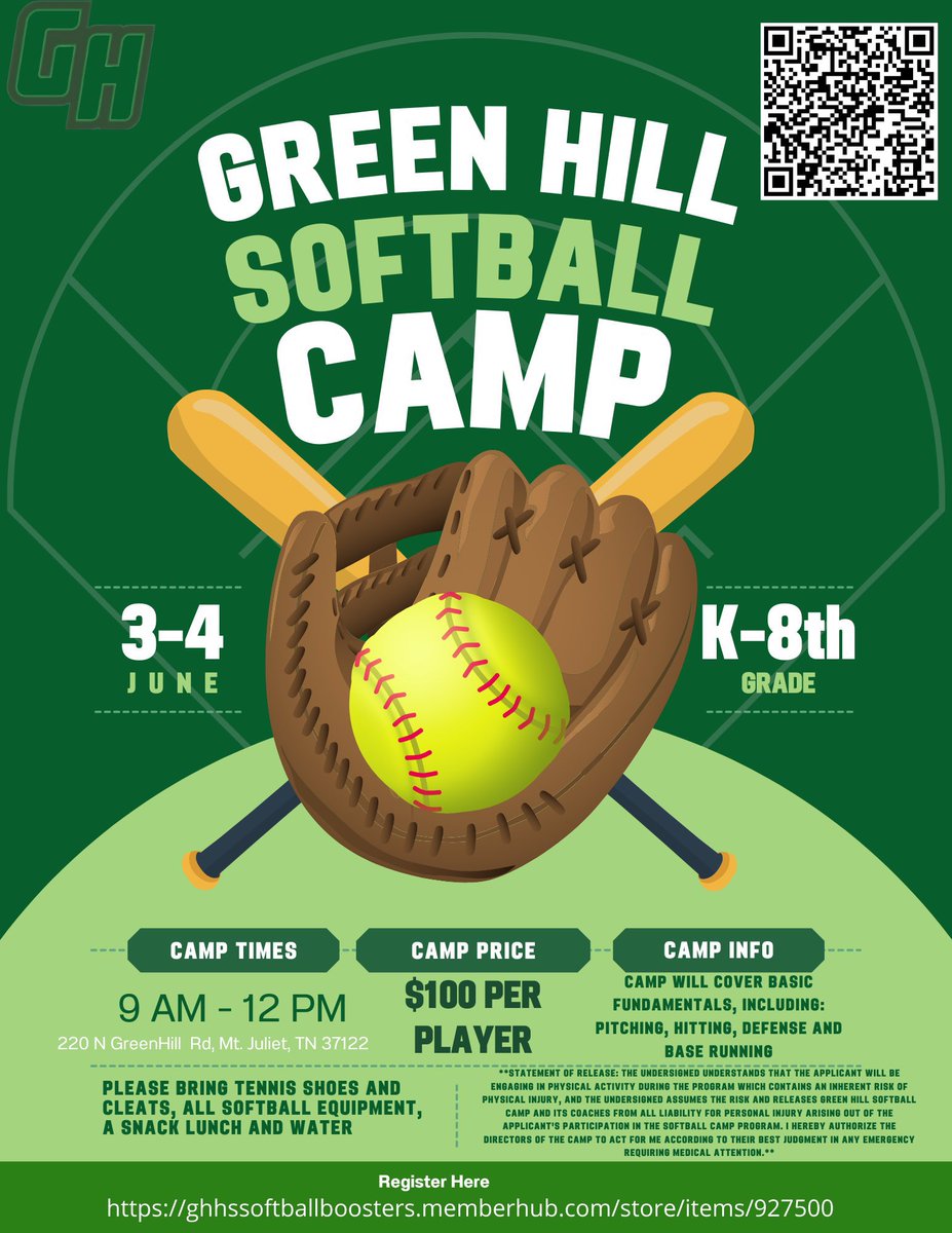 Green Hill Softball (@greenhillhighsb) on Twitter photo It’s not too late to sign up for summer camp!
Shirt sizes will be first come first serve basis. Payments & registration will run through GiveBacks, which can be found at the link below.
ghhssoftballboosters.givebacks.com/store/items/92…
Any questions— reach out to sandesav100@wcschools.com It’s not too late to sign up for summer camp!
Shirt sizes will be first come first serve basis. Payments & registration will run through GiveBacks, which can be found at the link below.
ghhssoftballboosters.givebacks.com/store/items/92…
Any questions— reach out to sandesav100@wcschools.com