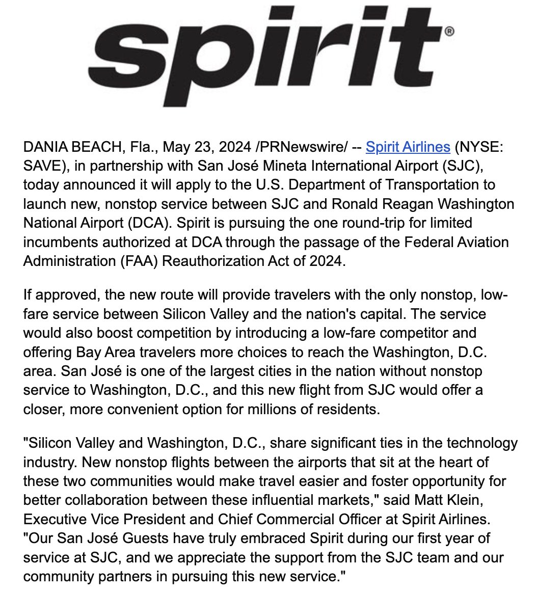 .@SpiritAirlines throws its hat in the ring with @FlySJC for 1 of the 5 new beyond-perimeter slot pairs at @Reagan_Airport proposing the first-ever DCA-SJC nonstop. If approved, this would be Spirit's only flight to DCA, which it left in 2012 to concentrate flights at BWI.