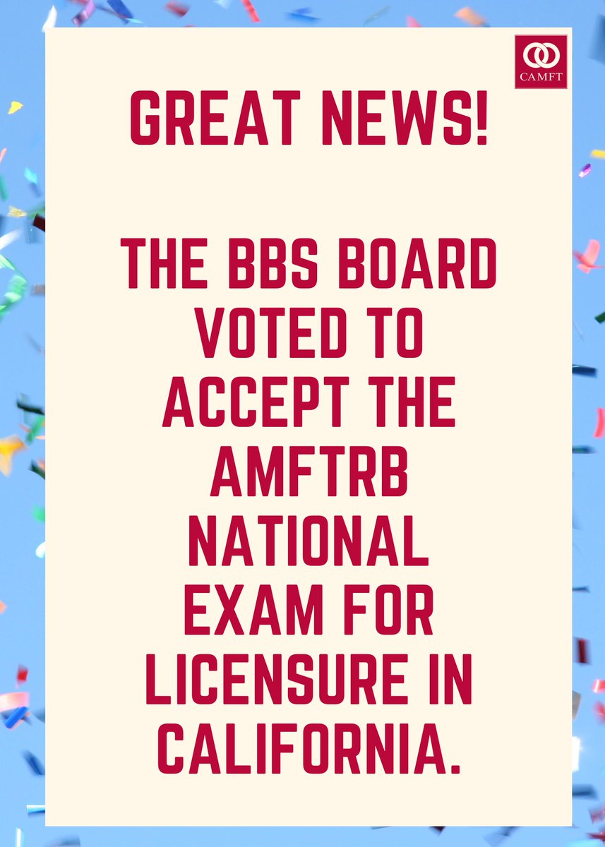 Exciting news! 🎉 On May 17, the BBS Board voted to accept the AMFTRB national exam for licensure in California. 

This is a huge step forward for better license portability and easier access to federal employment for California MFTs! 🙌

 #nationalexam #bbs #licensure