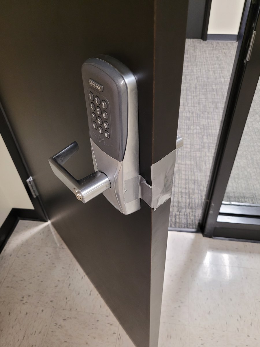 jessaC's tweet image. The door lock stopped working in our break area/conference room, but duct tape never does... #AggieEngineering at it's finest
#DoesntLockButYouCanGetToTheFridge