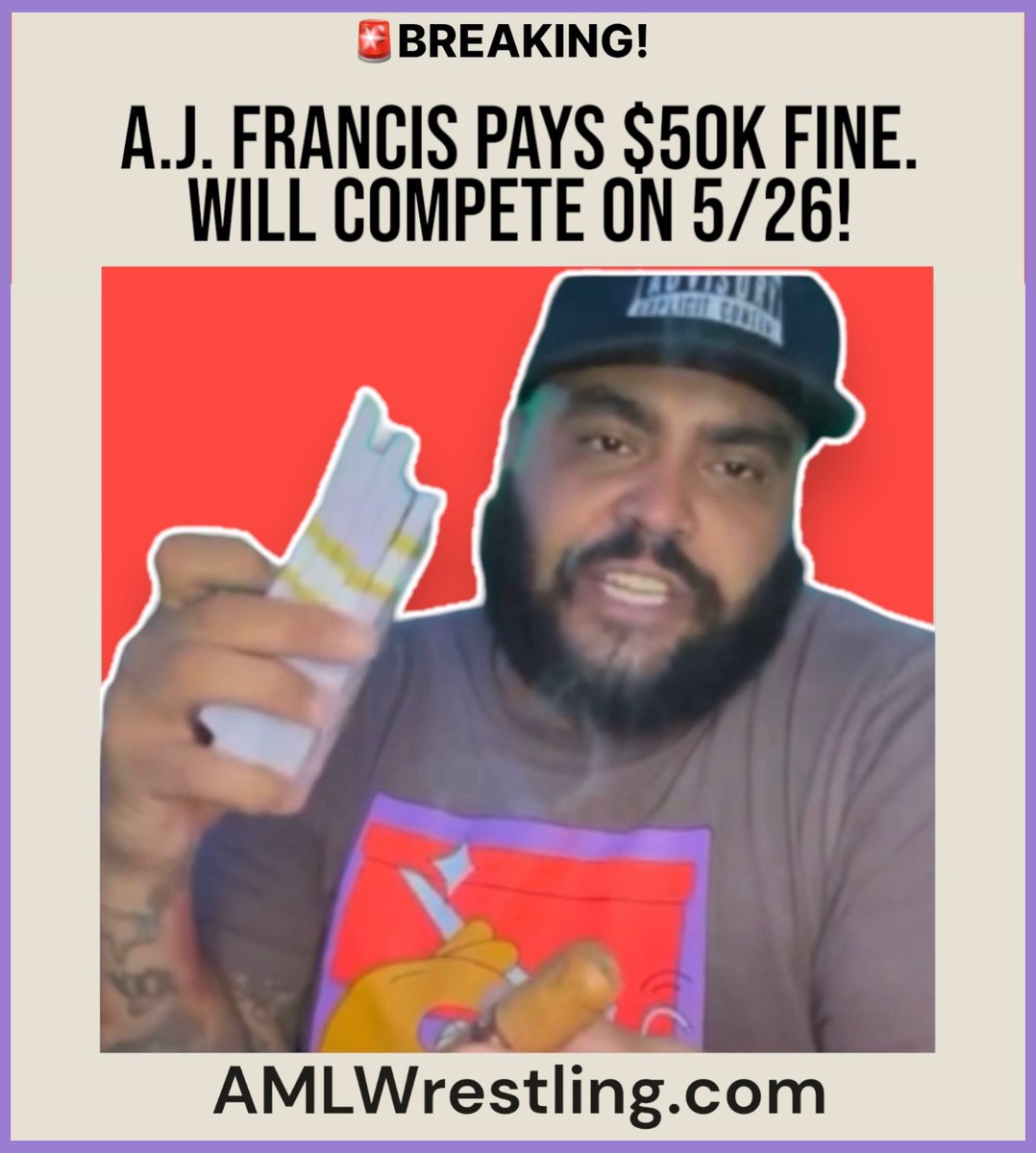 🚨BREAKING: AJ Francis paid his $50k fine for striking a referee during last months AML Wrestling event and WILL be competing against White Mike in a #Mocksville Street Fight this Sunday! Tix on sale at AMLWrestling.com or at the venue beginning at 2pm the day of event.