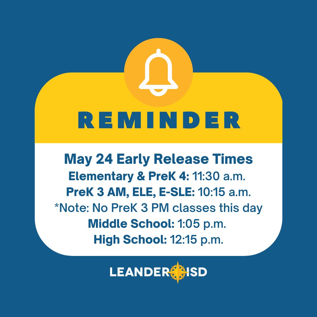 Reminder: Tomorrow is an early release day for all levels in #1LISD. Have a great summer! ☀️ #NoPlaceLikeLISD