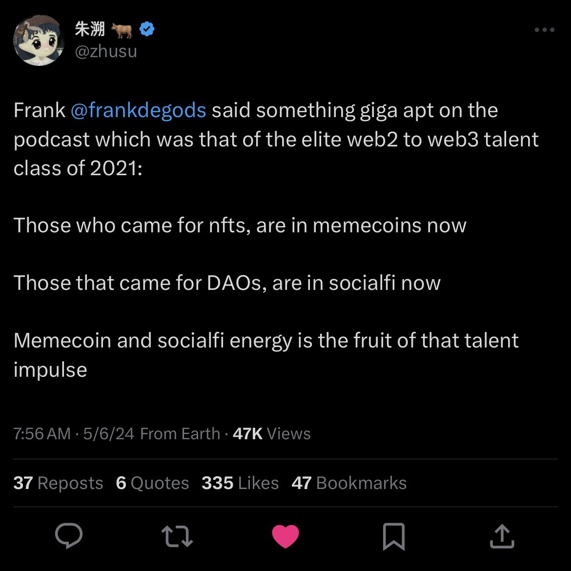 I think about this post often. It’s fascinating to see the evolution of users and products around memecoins and socialfi. Especially seeing a ton of growth / innovation around social apps and the experiments around the user experience and interactions. There will be huge