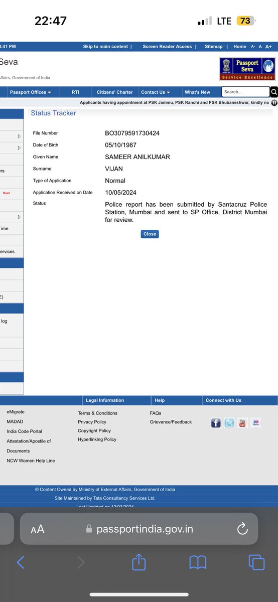 vijansameerr's tweet photo. My police verification is also completed at Santacruz West Police Station but I am awaiting update from SP Office, District Mumbai. My Passport Application File No BO3079591730424 @MumbaiPolice @rpomumbai. Kind request to please help me out. Its very urgent. Still no update. 🙏 https://t.co/xQQtHEH3kr