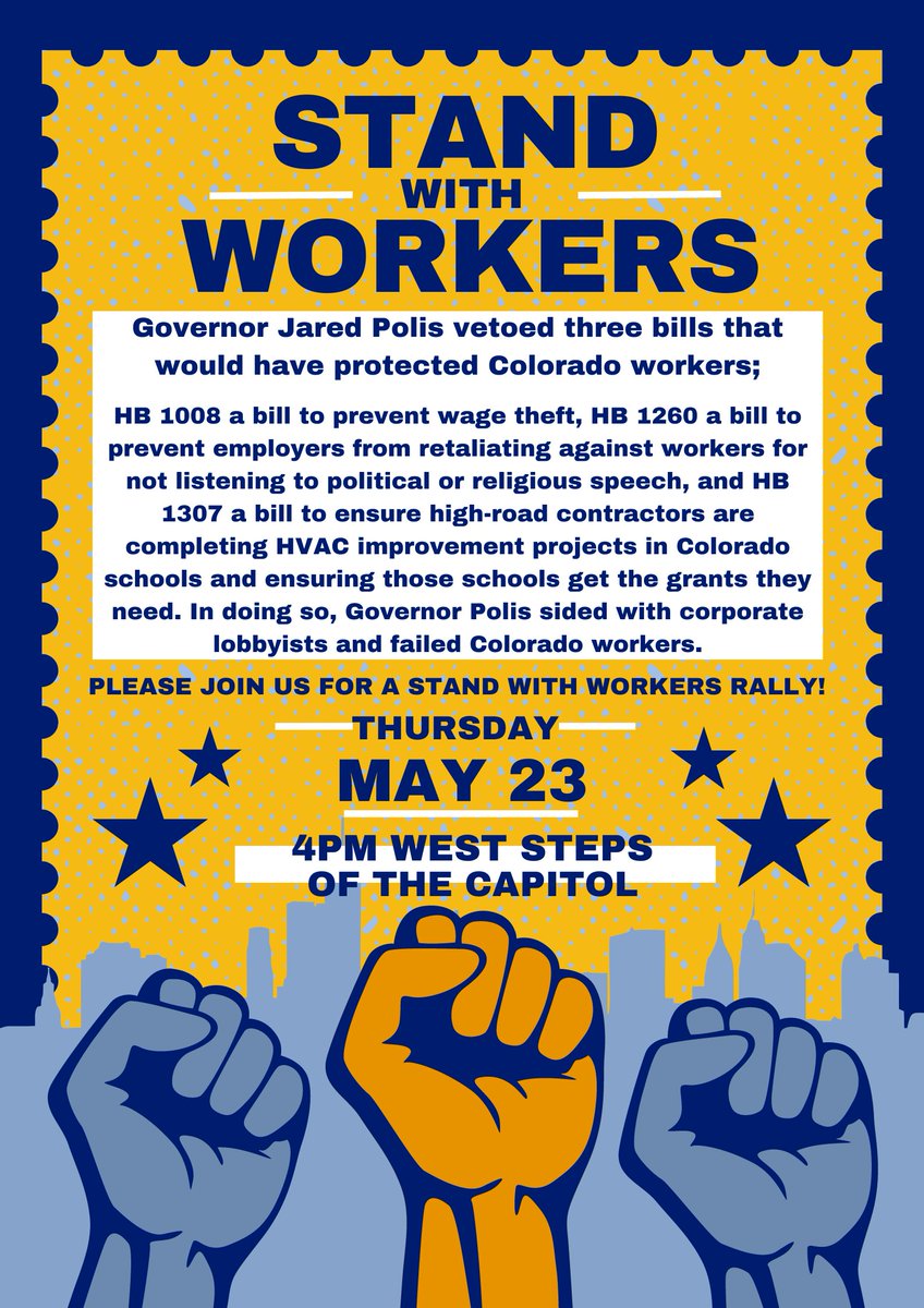 We are disappointed in @govofco @jaredpolis for turning his back on workers by vetoing three pro-worker bills.  Colorado workers were counting on him for these protections and job creation measures. #coleg #copolitics