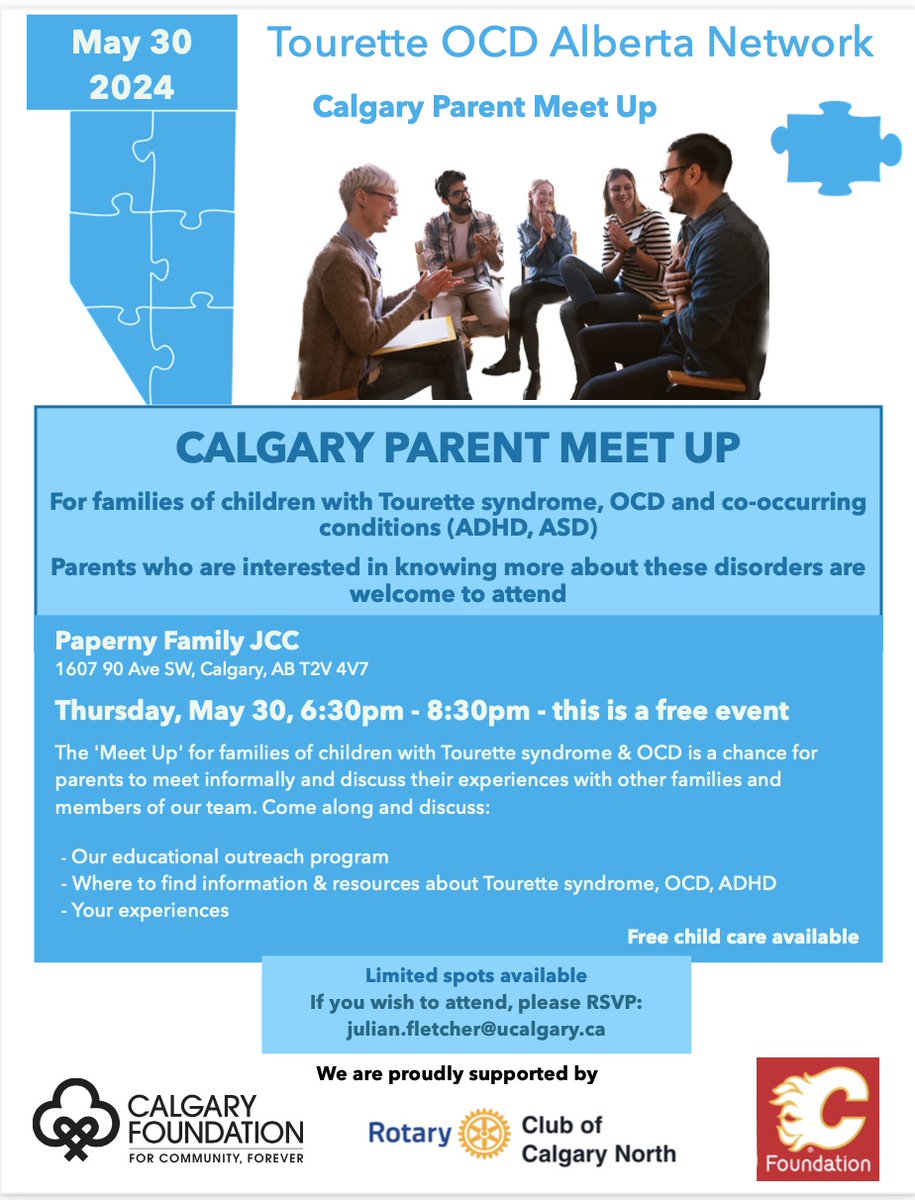 Our next Calgary parent Meet Up:  
Thursday, May 30 - 6:30pm to 8:30pm
At the Paperney Family JCC 
Please come along to this free event
Chat with other parents and share lived experience
#TS #OCD