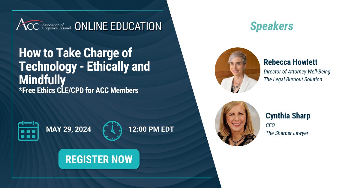 Do you control your digital life or does it control you? Join attorneys Becky Howlett and Cindy Sharp to learn how to unplug from the digital world - ethically and mindfully. *Free Ethics CLE/CPD Register: bit.ly/3yGUOuP
#ACCFamily #mentalhealth #inhousecounsel #inhouse
