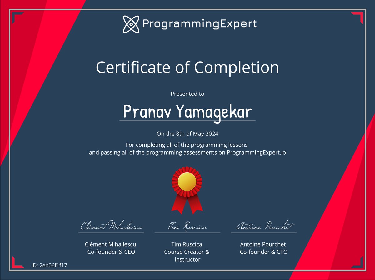 YamagekarPranav's tweet image. Completed the Programming Expert Course by @AlgoExpert, @clemmihai, and @TechWithTim! 🚀 #ProgrammingExpert #AlgoExpert #Coding #Tech