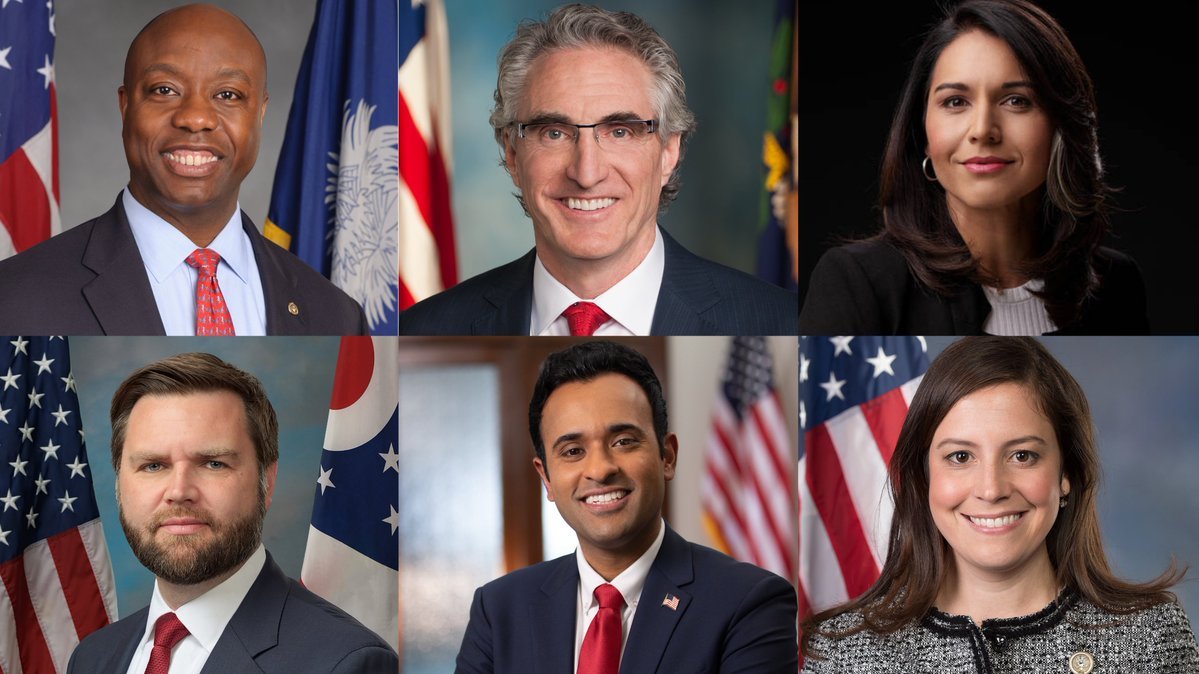 .@Polymarket - GOP VP (shift since May 14) • Tim Scott: 21% (+3) • Doug Burgum: 19% (-2) • Tulsi Gabbard: 8% (+4) • J.D. Vance: 8% (-4) • V. Ramaswamy: 5% (+3) • Elise Stefanik: 5% (-1) • Ben Carson: 4% (=) • Nikki Haley: 4% (+1) Who do YOU think should be Trump's VP? —