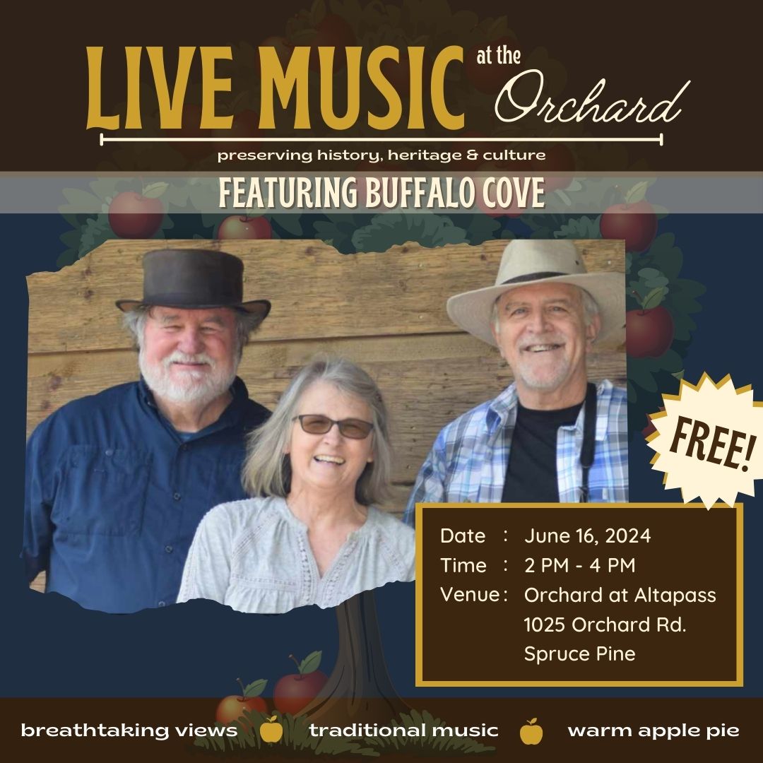 The Orchard is excited to welcome Buffalo Cove, an acoustic trio from Western NC playing mostly traditional with lots of old-time, old country with a bit of Irish music mixed in. They enjoy playing upbeat music with fun energy for dancing.
#mountainmusic #blueridgeparkwaync