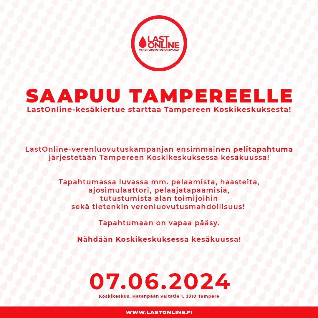 LastOnline Blood Donation Campaign aims to bring all players together and save lives by donating blood. We are strongly involved in supporting the campaign. Join us in Tampere, Koskikeskus in Friday 7.6. 🩸  #LastOnline #veripalvelu #blooddonation @lastonlinefi @veripalvelu