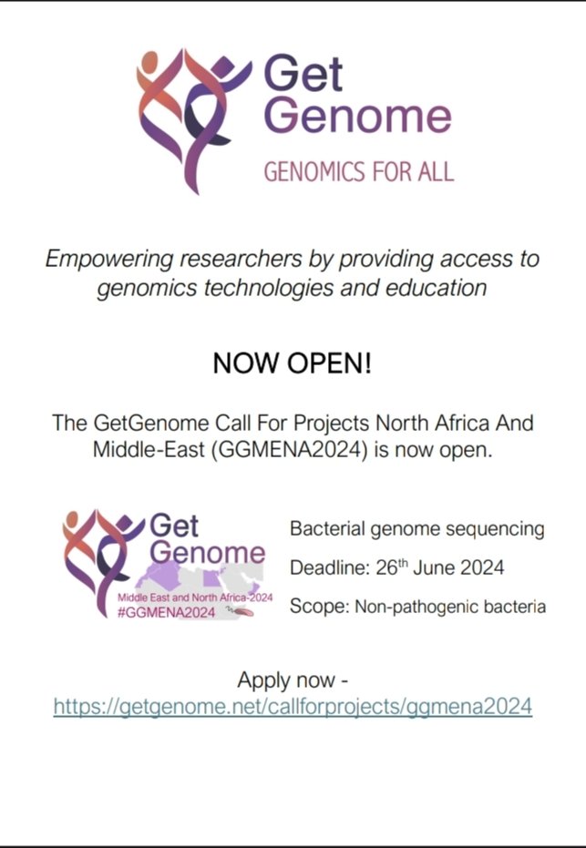 #GGMENA2024 is now open! This CFP is available to researchers based in North Africa and Middle-East countries and projects concerning non-pathogenic bacteria. Apply here: getgenome.net/callforproject…