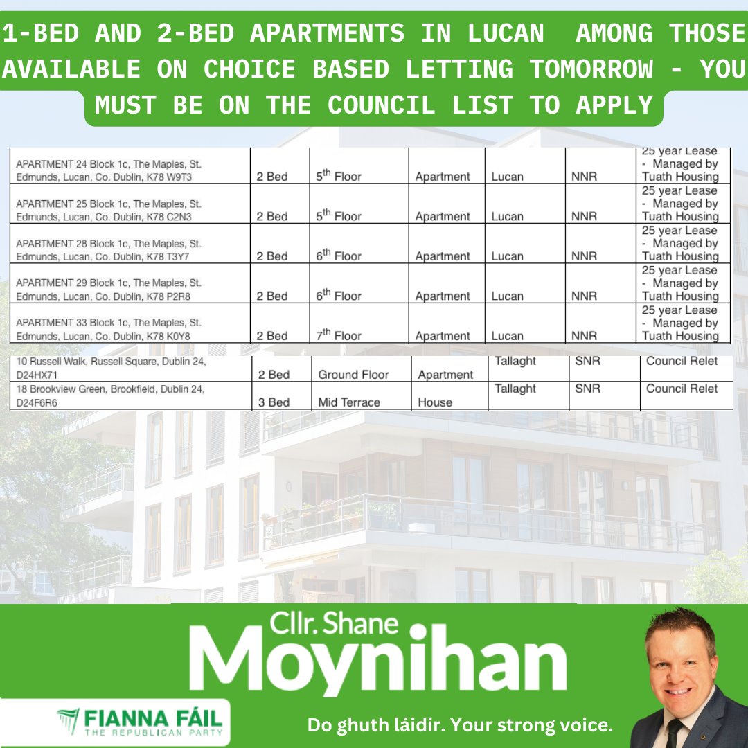 There are a number of 1-bed and 2-bed apartments in Lucan coming on to the CBL platform tomorrow- you must be on the Council list to apply. #palmerstownfonthill #lucan #palmerstown #clondalkin #balgaddy