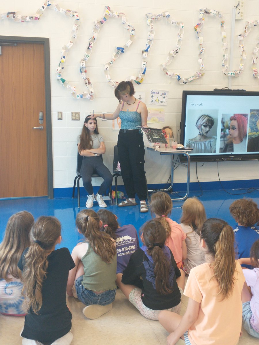 FR Senior, Ash Hoffman, shared her talent with special effects makeup with primary creative arts students. Ash brought her younger sister along to model a few makeup techniques. She talked to primary students about her future plans to study special effects makeup, and she shared