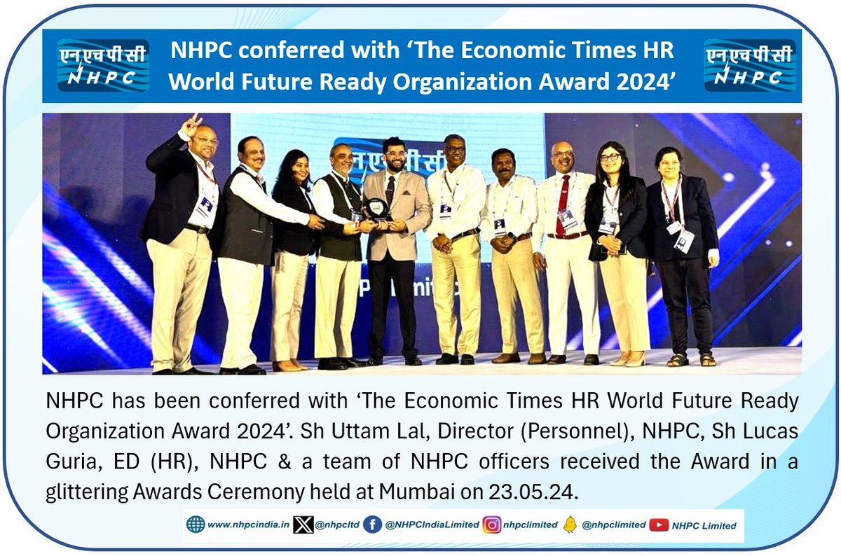 NHPC conferred with ‘The Economic Times HR World Future Ready Organization Award 2024’ #nhpclimited #renewableenergy #hydropower #EconomicTimes Ministry of Power, Government of India Press Information Bureau - PIB,  Government of India @EconomicTimes