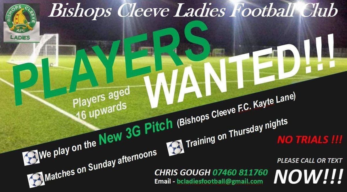 Bishops Cleeve Ladies Football Club - An ambitious club with brilliant facilities. We are launching a new Development Team for 24/25 Help us to help you discover and develop your potential and together we will grow and succeed. Chris - 07460 811760, Damian - 07780 665007