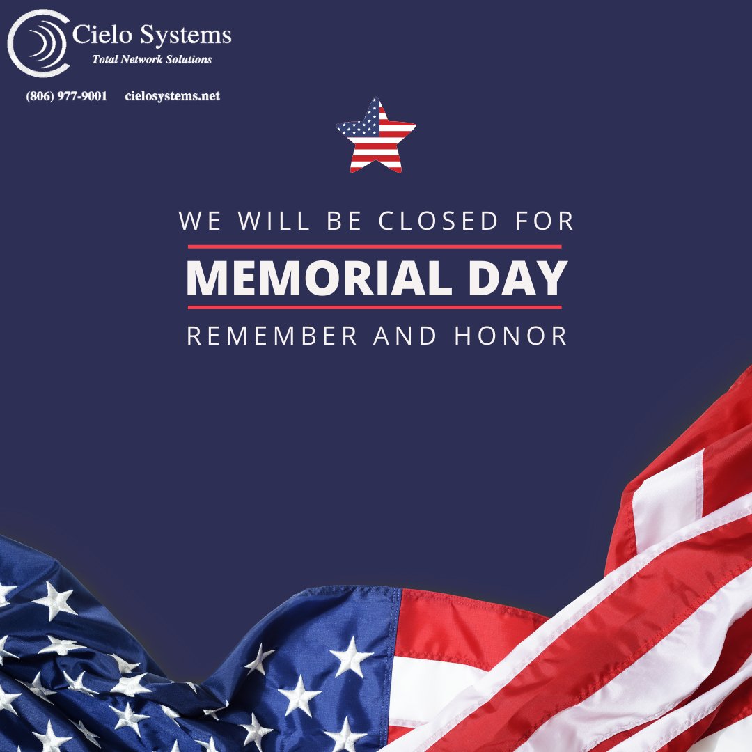 In observance of Memorial Day, Cielo Systems will be closed. Let's take a moment to honor and reflect on the sacrifices made by those who have served. May Monday be a time of deep appreciation and solemn remembrance for all. 
#cielosystems #memorialday #rememberandhonor #closed