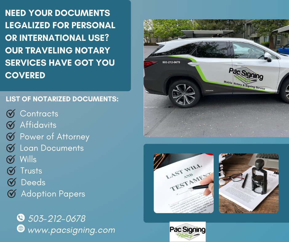 pacsigning's tweet image. Need your documents legalized for personal or international use? 

Visit pacsigning.com
Call (971) 394-4152

#LegalizeYourDocuments #TravelingNotary #NotarizedDocuments
#hillsboro #lakeoswego #portland #beaverton #gresham
#LegalServices #DocumentVerification