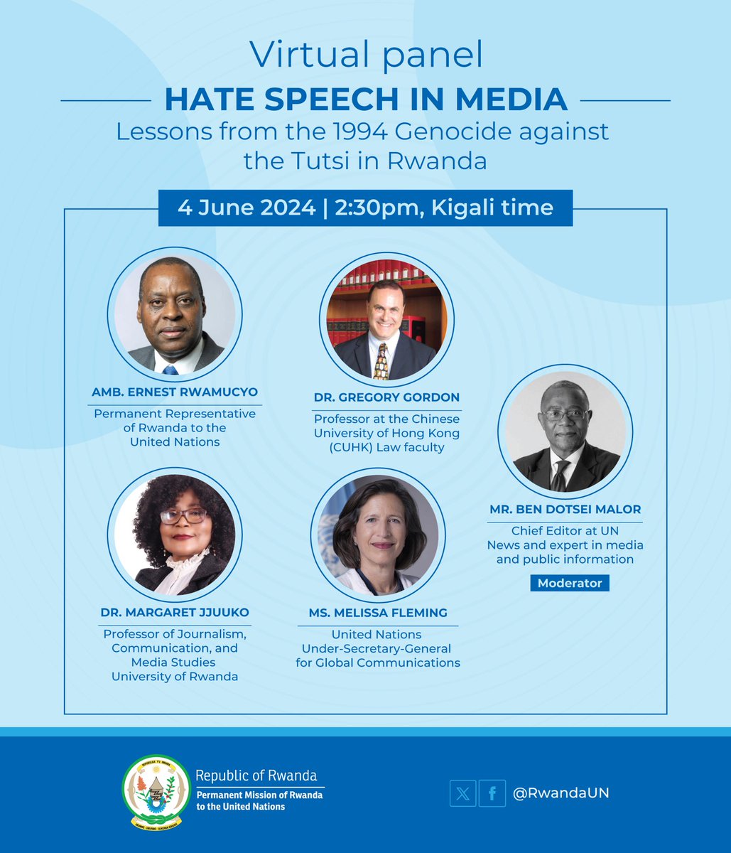 The 🇷🇼 Mission invites everyone to join a virtual panel on “Hate Speech in Media” Our panelists will discuss lessons from the 1994 Genocide against the Tutsi, current efforts against hate speech, and take part in a Q&A session. Register now at bit.ly/4JuneRSVPs