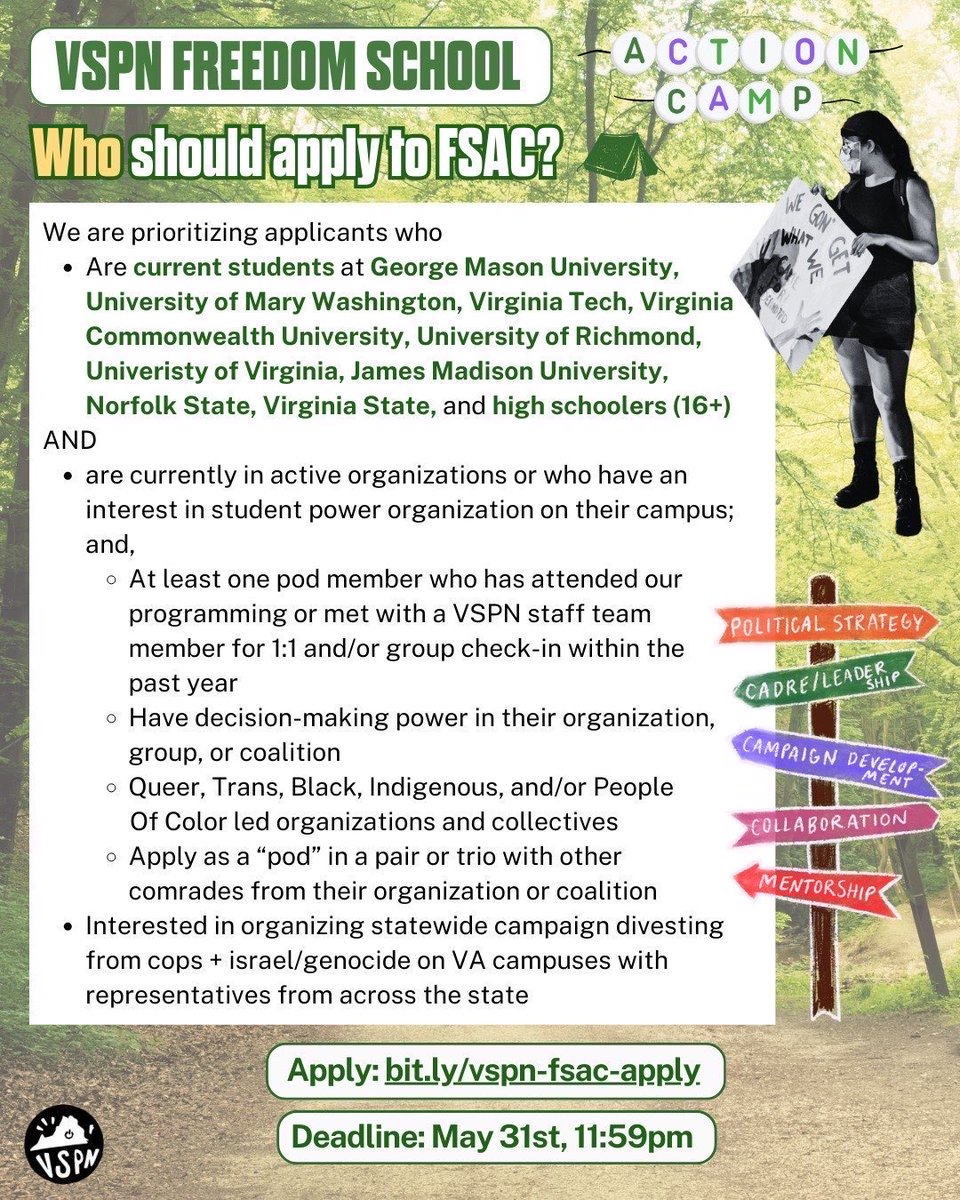 Our sister organization @vastudentpower is offering a free, ten-week youth cohort starting in June focused on political education, strategic campaign planning, and transformative leadership development! Apply here: bit.ly/vspn-fsac-apply.