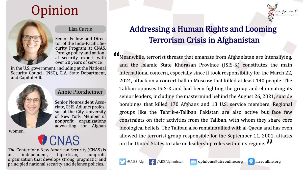 “In the long term, relying on regional governments to take the lead in engaging with the Taliban would result in disaster for the Afghan people and international security,” Read more in the new report by @lisacurtisDC and @pforzheimera at @CNASdc; following the link on the AISS