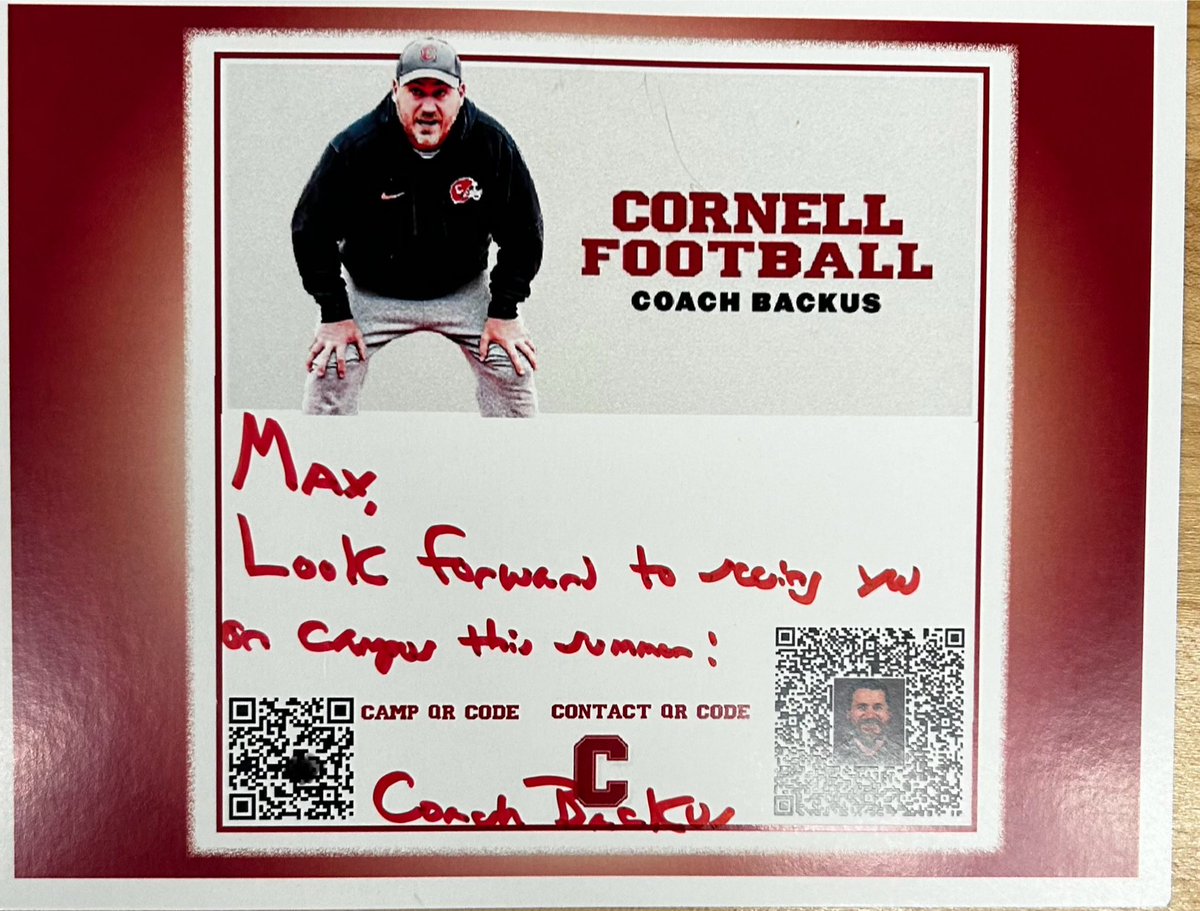 Big thank you to @JaredBackus1 for coming to visit from @BigRed_Football!! I'm excited to get to camp and on campus! @DanSwanstrom @CoachBhakta @CoachWellman #YellCornell 🐻