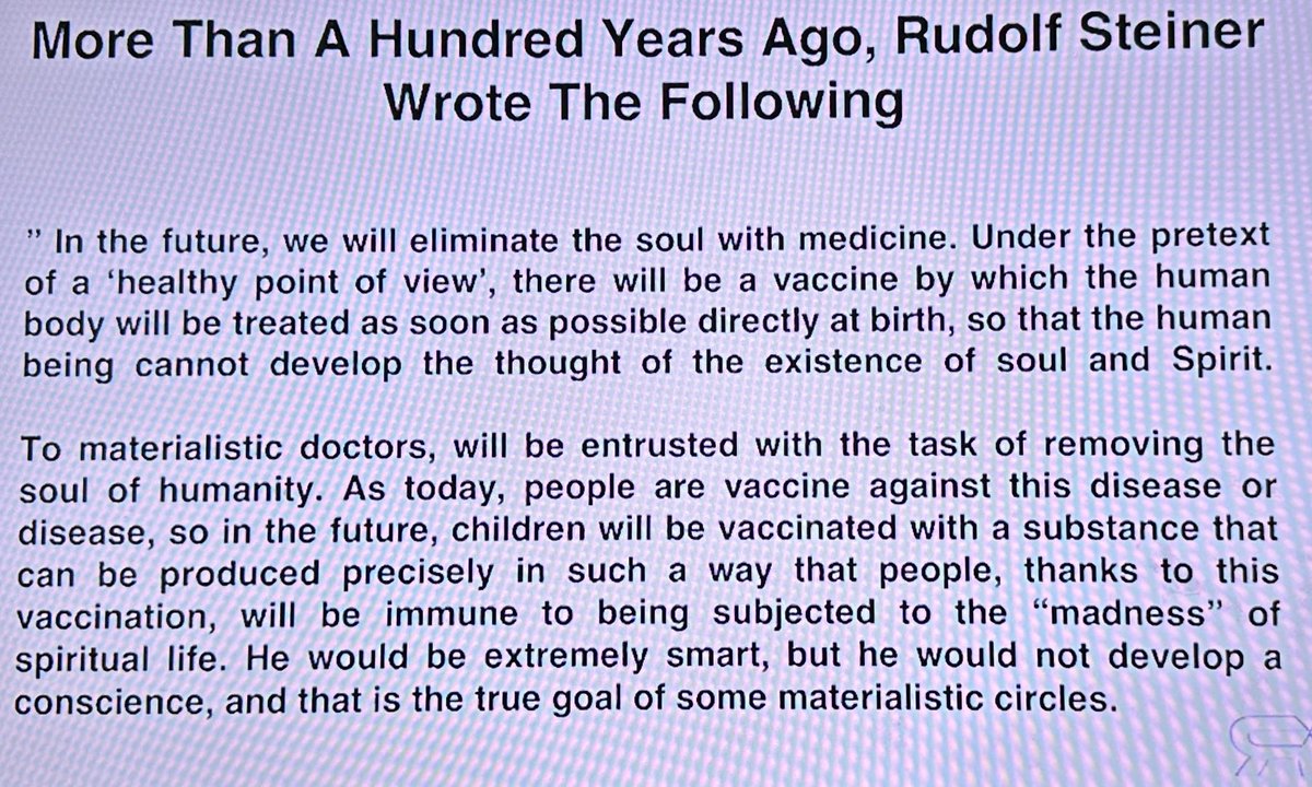 If you don’t think this is a spiritual war, you need to read this!! 😳 More than a hundred years ago, Rudolf Steiner wrote the following: “In the future, we will eliminate the soul with medicine. Under the pretext of a ‘healthy point of view’, there will be a vaccine by which