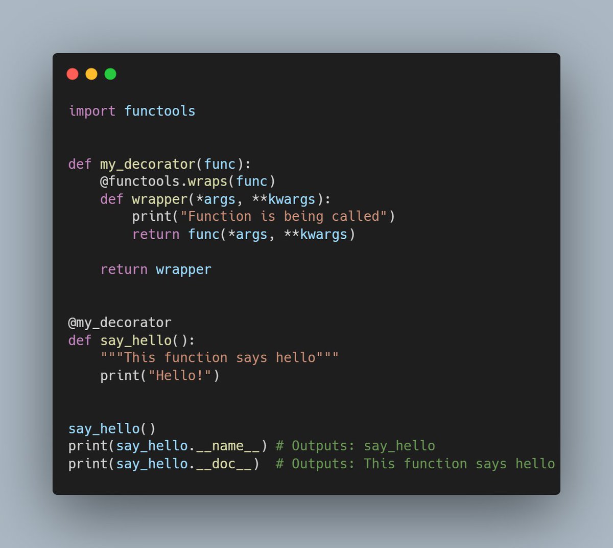 Here is 50 python decorators in #50dayscoding

𝐃𝐞𝐜𝐨𝐫𝐚𝐭𝐨𝐫 𝟏:  functools.wraps

Description and gitHub link in comment 👇

#buildinPublic #LearnEveryday #LearninPublic