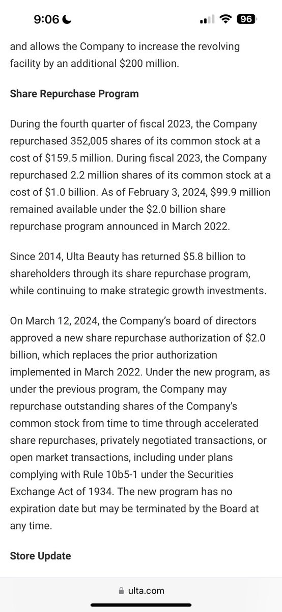 $ULTA bought back $1B in 2023. They just authorized another $2B in February ($18B market cap). Since, the stock dove 33%, and is at the cheapest valuation in its history (13x EPS). What do you think they're up to?

$TGT just reported strength in beauty. Big loyalty customer base.